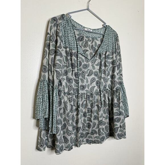 Style & Co Sage Green Paisley Peasant Top Blouse 3/4 Sleeve Size Large - Picture 2 of 8